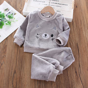 Kids Flannel Warm Pajamas Suit Autumn Winter Plush Cartoon Cat Sleepwear
