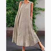 Women's Plaids Print Loose Casual Sleeveless Linen Maxi Dress