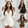 Autumn Winter Women's Fluffy Tight-fitting Leopard Print Jumpsuit