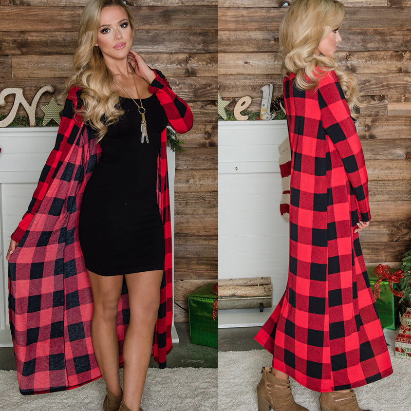 Long red discount plaid cardigan