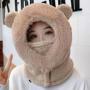 Thickened Plush Bear Ears One-Piece Mask Hat Scarf