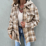 Women's Hooded Plaid Button Lapel Long Sleeve Jacket with Pockets
