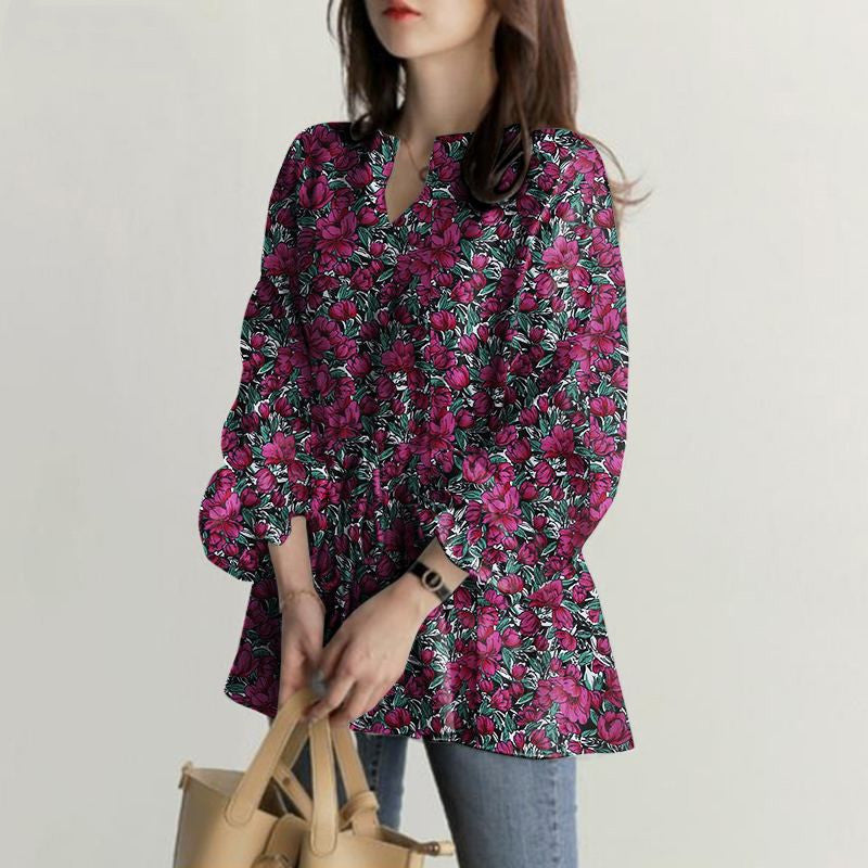 Women's Boho Tops Stylish Floral Print Shirt Long Sleeve V-Neck