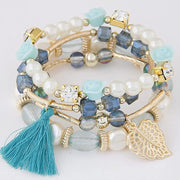 Women Crystal Rose Bead Tassel Multilayer Braided Bracelet