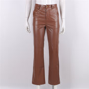 Women's Solid Color High Waist Slim Leather Pants with Pockets