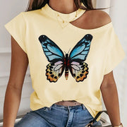 Womens Butterfly Printed Off Shoulder Sexy Casual T-shirt
