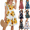 Womens Summer V-Neck Short Sleeve Pocket Print Dress