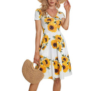 Womens Summer V-Neck Short Sleeve Pocket Print Dress