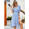Women V-Neck Chiffon Floral Ruffle Short Sleeve Dress