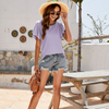 Women's Summer Round Neck Ruffle Plain Short Sleeve Casual Loose T-Shirt