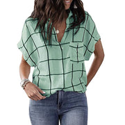Womens V-Neck Plaid Print Short Sleeve T-Shirt with Pocket