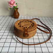 Womens Straw Woven with Leather Strap Round Rattan Bag