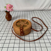 Womens Straw Woven with Leather Strap Round Rattan Bag