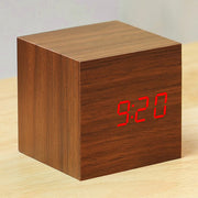 Wooden Cube LED Alarm Clock Voice Control Time/Date/Temperature Display