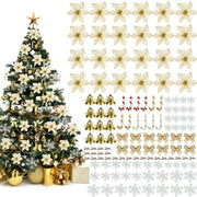 120Pcs Christmas Glitter Poinsettia Artificial Flower Bell Bows Snowflake Tree Hanging