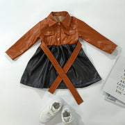 Baby Girl Fall Polo Collar Long Sleeve PU Faux Leather Dress