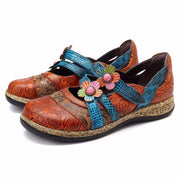 Women Vintage Floral Splicing Colored Flat Wedge Leather Shoes